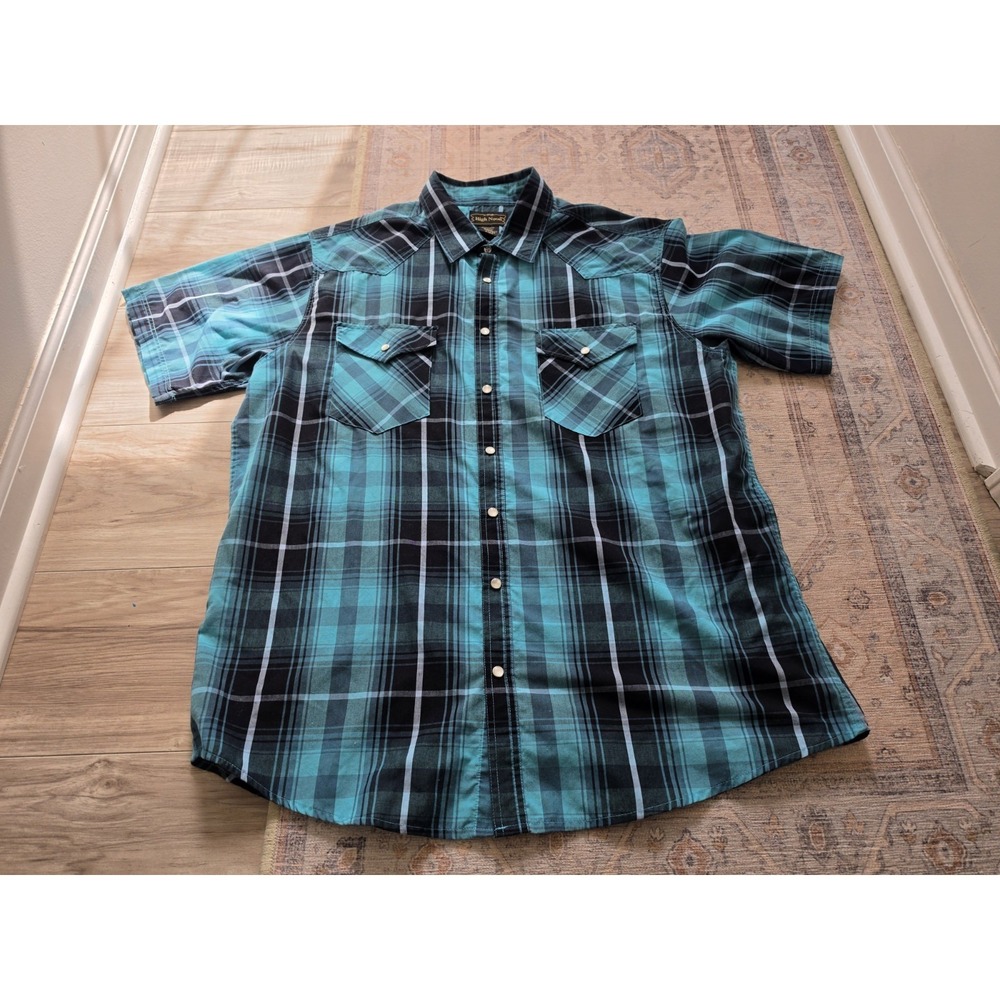 High Noon Pearl Snap Button Western Shirt Mens XL Plaid Turquoise Short Sleeve
